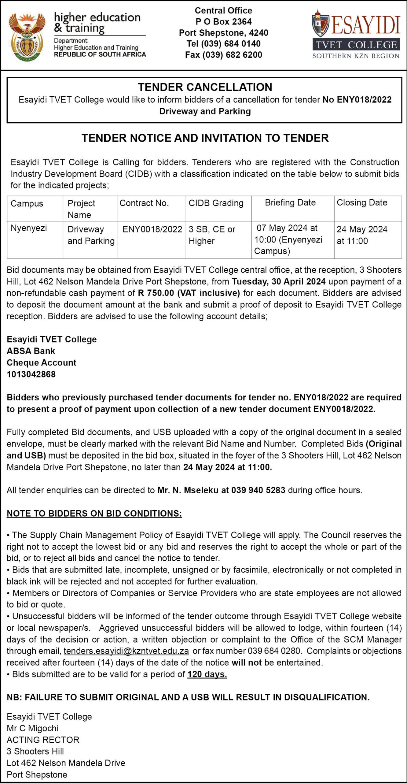 Tender cancellation notice: ENY0018/2022